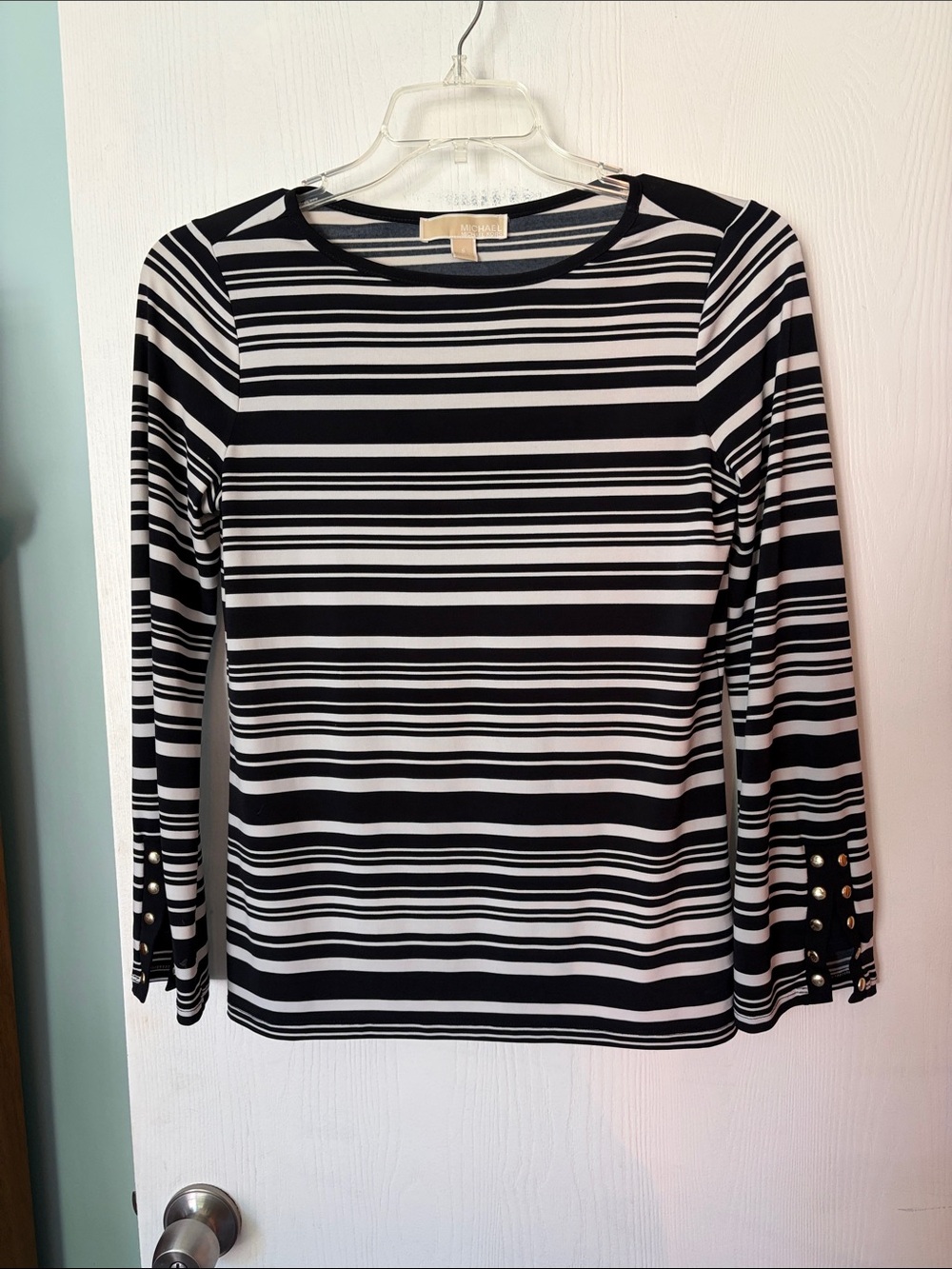 MICHAEL Michael Kors Navy and White Striped Long-Sleeve Top with Gold Buttons